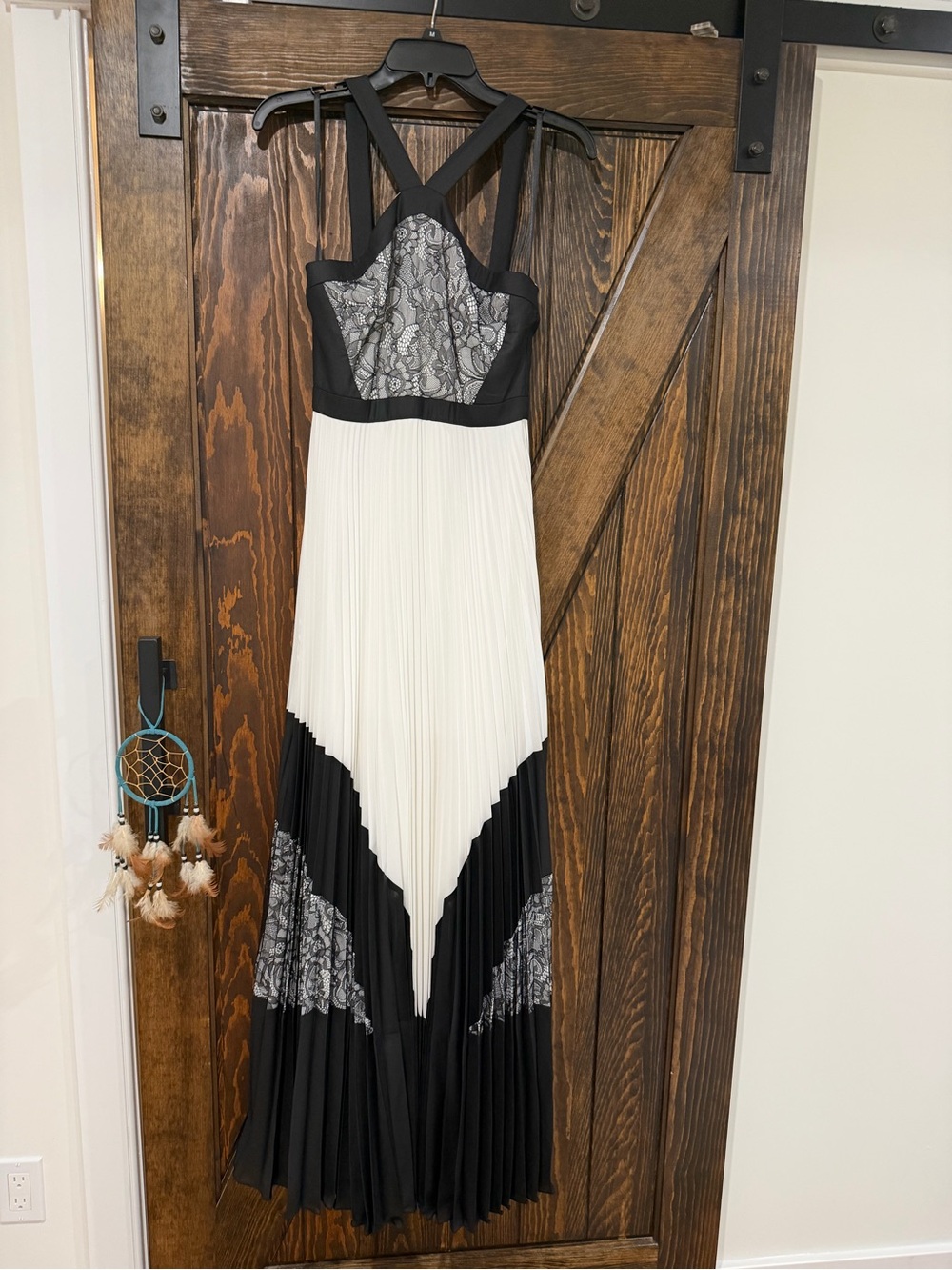 BCBGMaxAzria Black and White Pleated Lace-Panel Maxi Dress